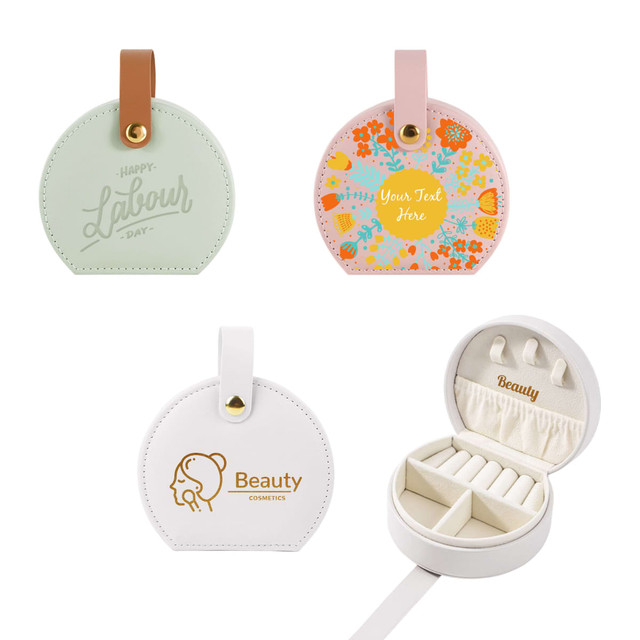 A small portable PU leather jewellery box in white, featuring a simple design with compartments, and a logo.