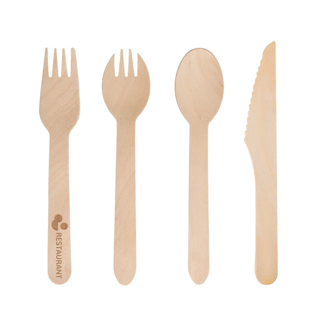 A set of wooden cutlery including forks, spoons, and knives, all in a natural wood colour. The cutlery features a logo.