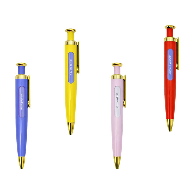 A set of four pens in purple, yellow, pink, and red with gold accents and a logo.