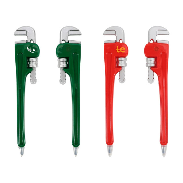 A pipe wrench-shaped ballpoint pen in green and red, each featuring a logo.