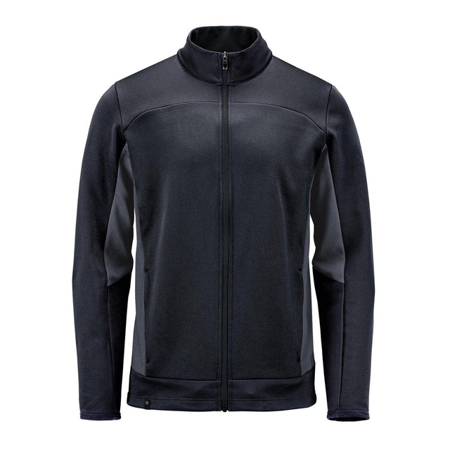 A black knit jacket with a zip front, featuring contrasting panel details and a high collar. It has a logo on the design.