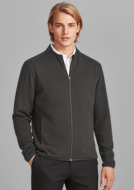 A grey zip-front jumper for men, featuring a high collar and a logo on the chest. Suitable for casual or smart-casual wear.