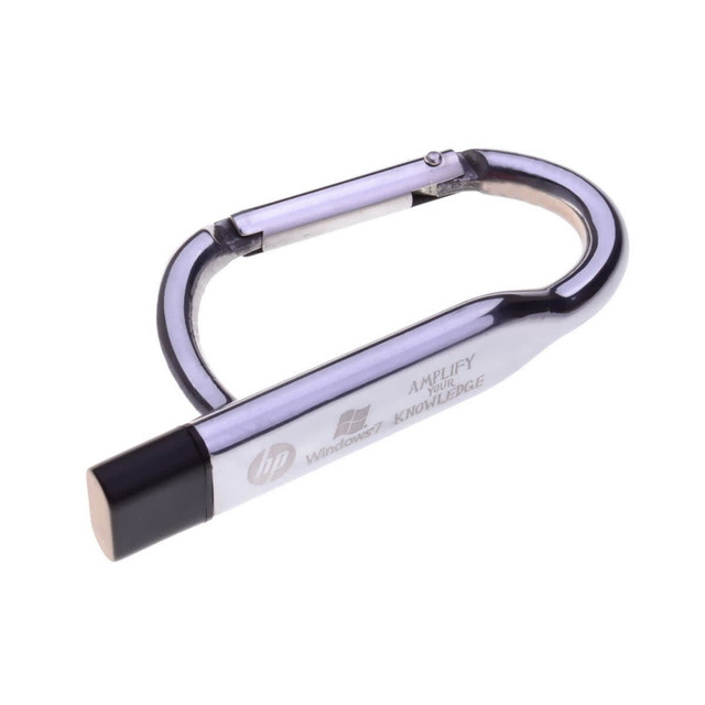 A metallic silver carabiner USB flash drive with a distinctive shape, featuring a small branding logo.