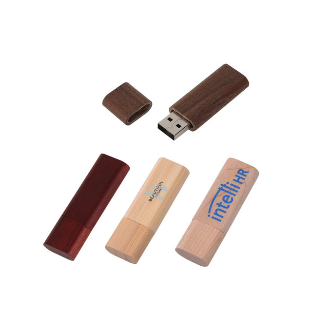 A set of rounded wooden flash drives in various natural wood tones, including a dark brown, light wood, and a red shade.