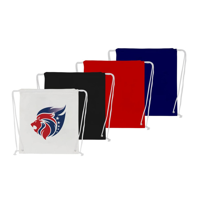 A set of four 170gsm drawstring cotton bags in white, black, red, and blue, each with a logo.
