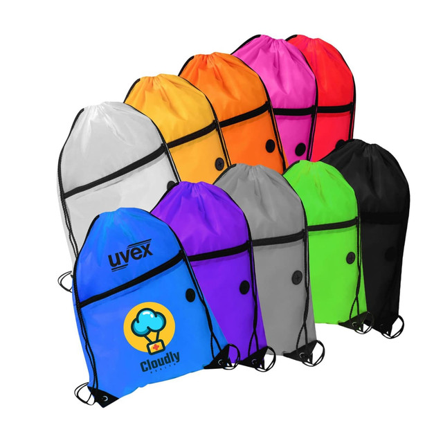 A collection of polyester drawstring bags in various colours, each with a zippered pocket and logo.