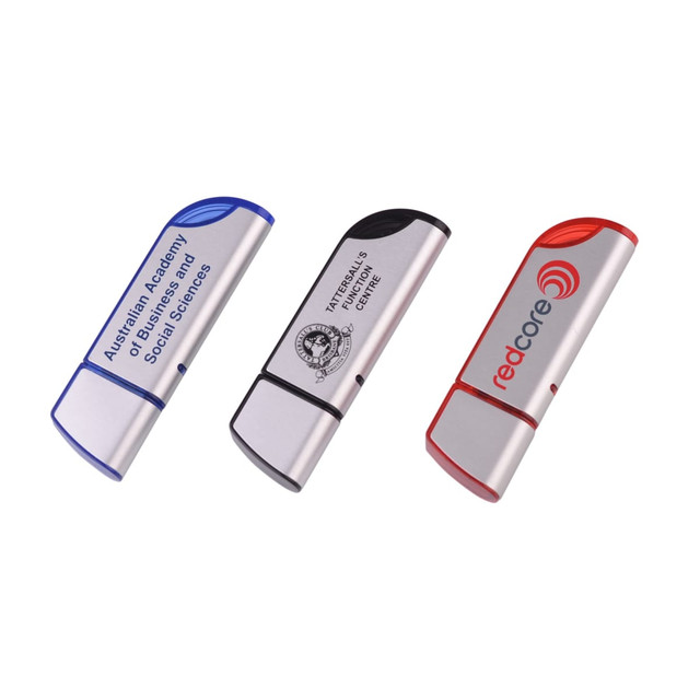 Three flash drives in blue, silver, and red, featuring various logos and text designs on their surfaces.