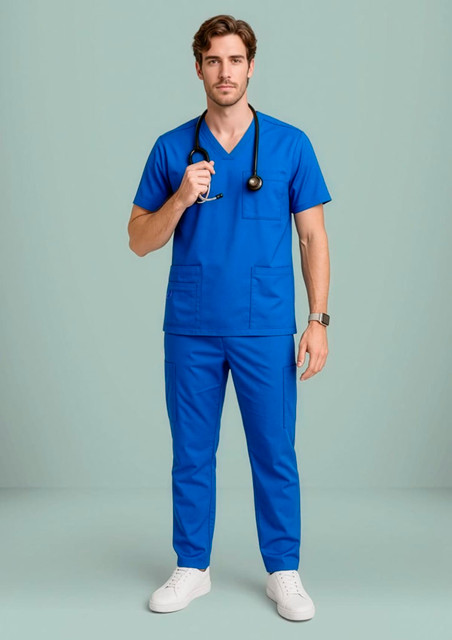 A man wearing a blue V-neck scrub top and matching trousers, holding a stethoscope, with a logo visible.