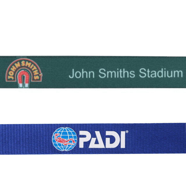 A green and blue ribbed lanyard with logos, featuring a magnet design and a globe with lanyard branding.