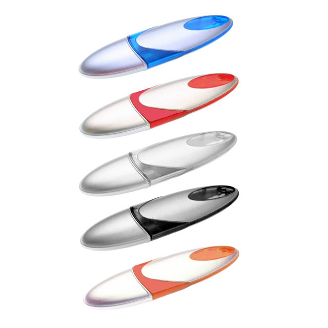 A collection of five Neptune Flash Drives in blue, red, clear, silver, and black, featuring a logo on each.