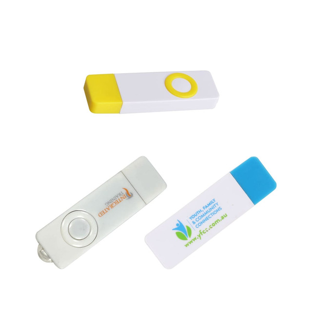 Three flash drives in white with yellow and blue accents, featuring different designs and a small logo on one.