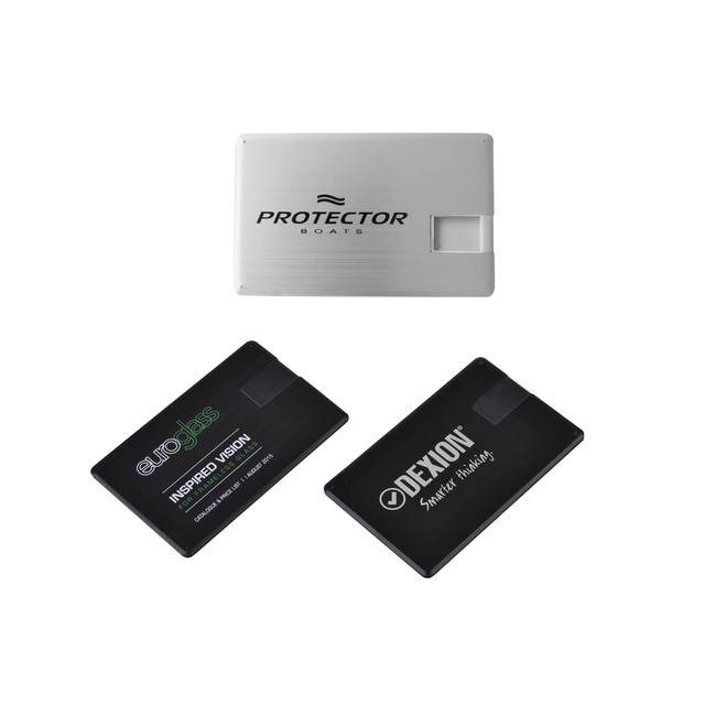 A silver swivel card flash drive alongside two black flash drives, each featuring distinct branding.