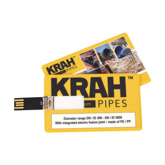 A yellow credit card-sized flash drive with a USB connector and a logo, featuring images related to pipes.