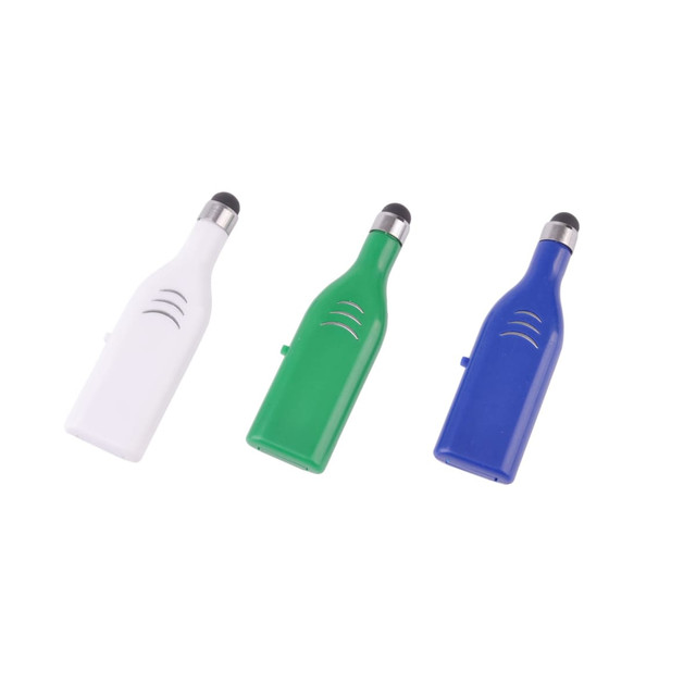 Three stylus flash drives in white, green, and blue, featuring a rounded tip and a small logo on each.