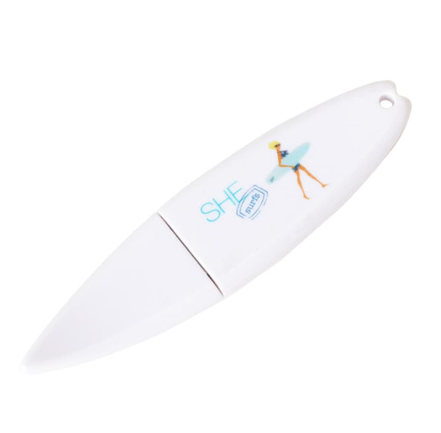 A white surfboard-shaped flash drive with a colourful graphic design and a branding logo.