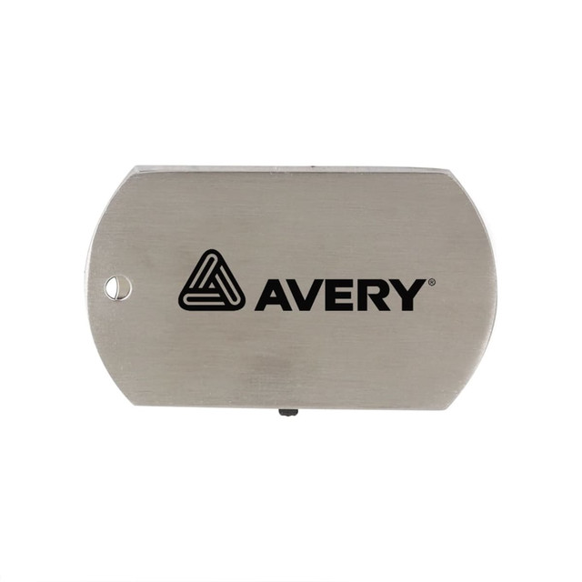 A metallic dog tag flash drive featuring a logo, with a smooth, sleek surface and rounded edges.