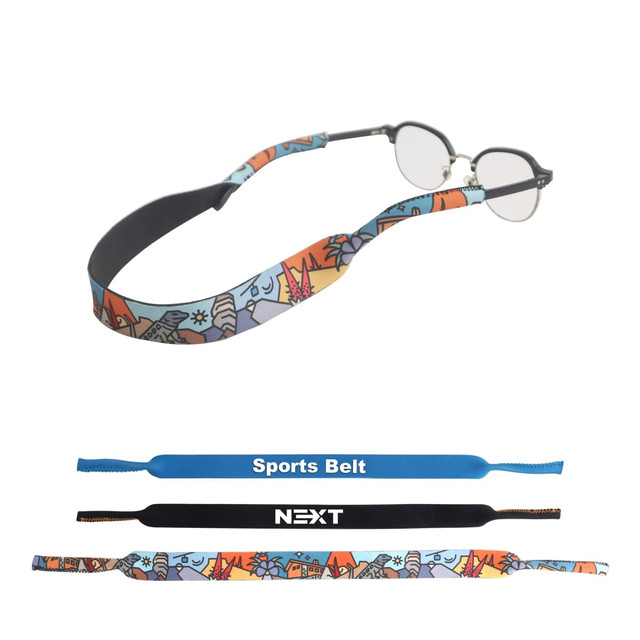 A glasses retainer featuring a colourful design with various patterns, alongside two black sports belts.