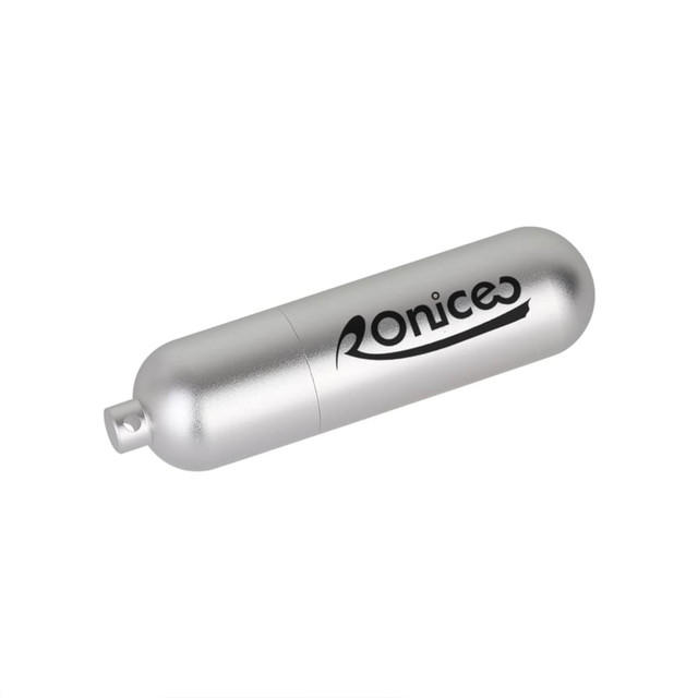 A silver metal tube flash drive with a logo, featuring a sleek and compact design.