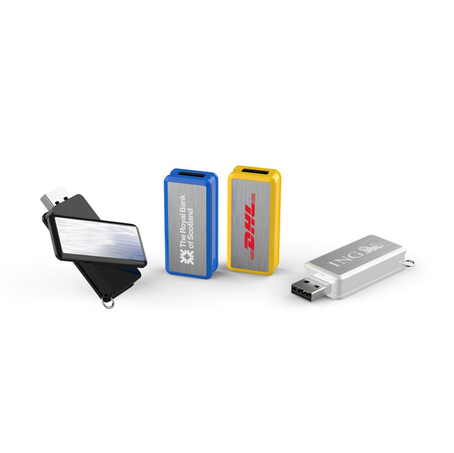 Four rotating flash drives in black, yellow, blue, and silver with different designs and logos.
