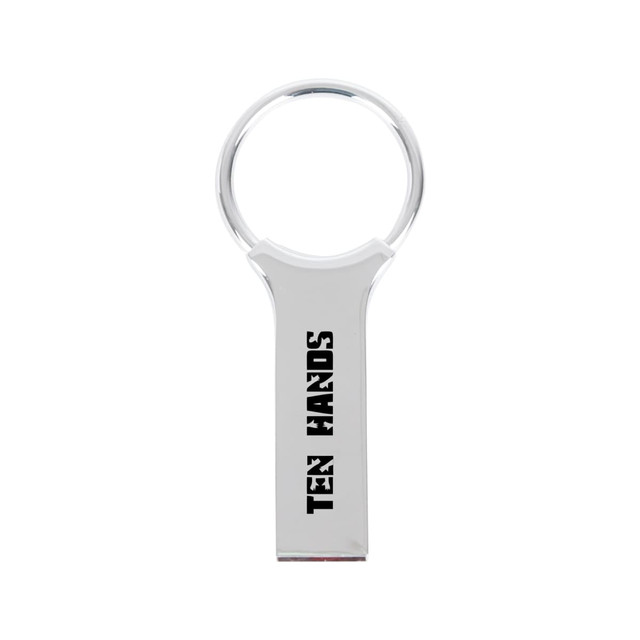 A silver keyring flash drive with a shiny finish and a keyring attachment. It features a logo on the body.