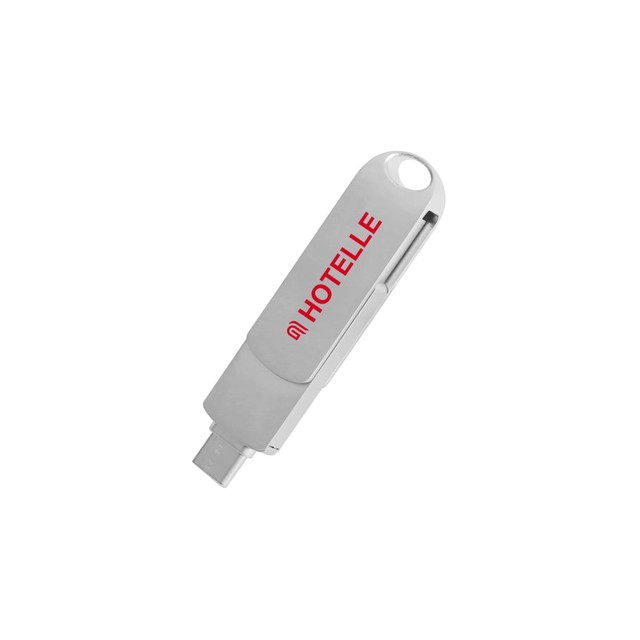 A silver double-end swivel Type C flash drive with a logo, designed for convenient data storage.