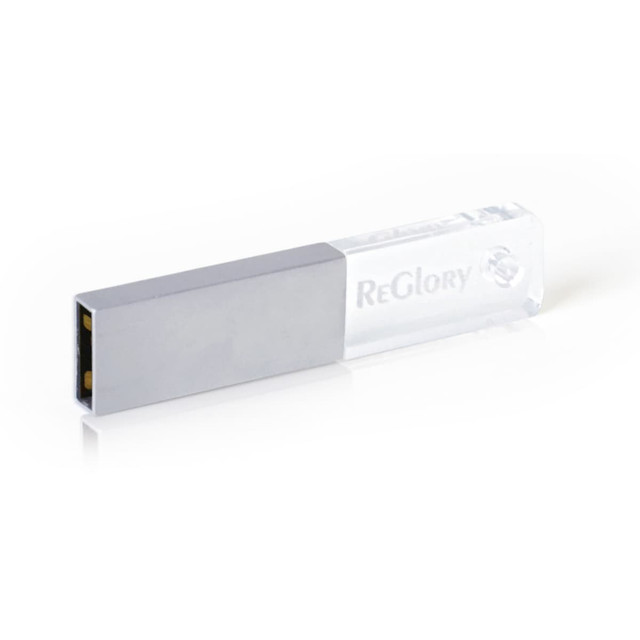 A rectangular crystal flash drive in clear and silver, featuring a logo on one side.