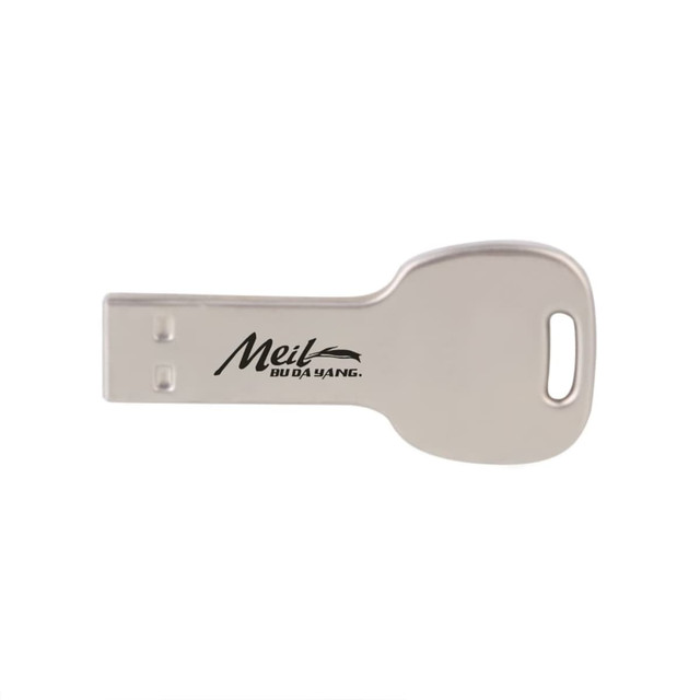 A round key flash drive in silver, featuring a logo on one side and a key-shaped design.