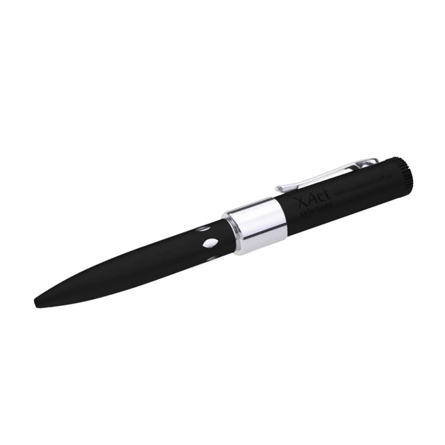 A black pen with a sleek design, featuring a silver clip and a branding logo on its body.
