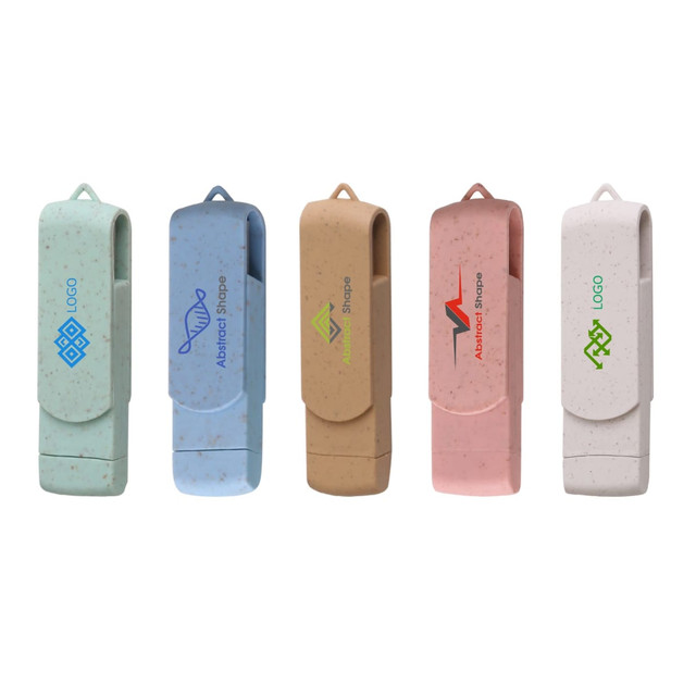 A range of Rotate Wheat Straw Type C Flash Drives in blue, beige, pink, and green, each featuring a logo.