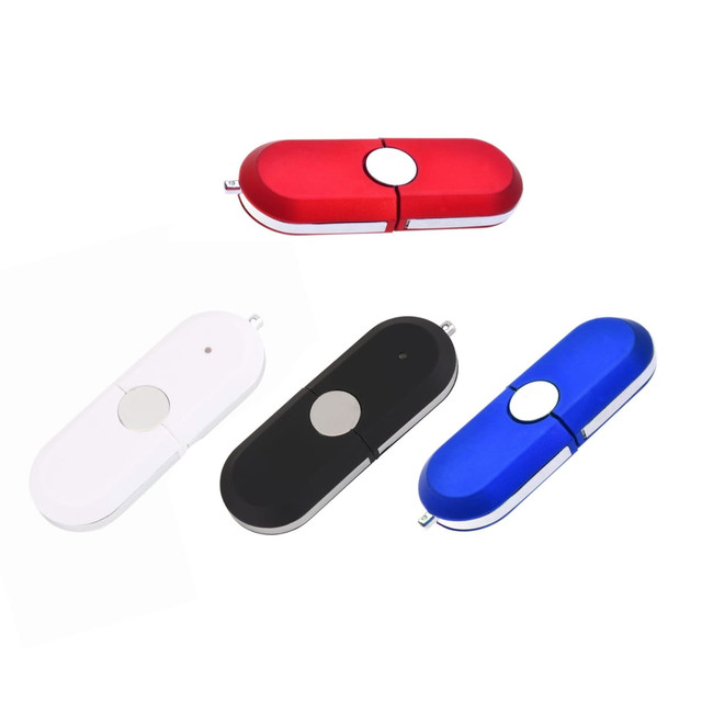 A collection of Tauris Flash Drives in red, white, black, and blue, featuring a sleek design and a branded logo.