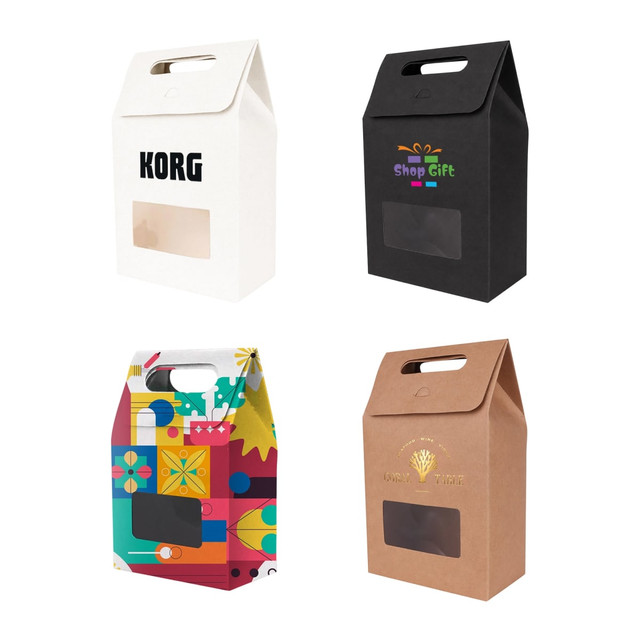 A selection of die cut handle bags in white, black, brown, and colourful designs, each with a window and branding.