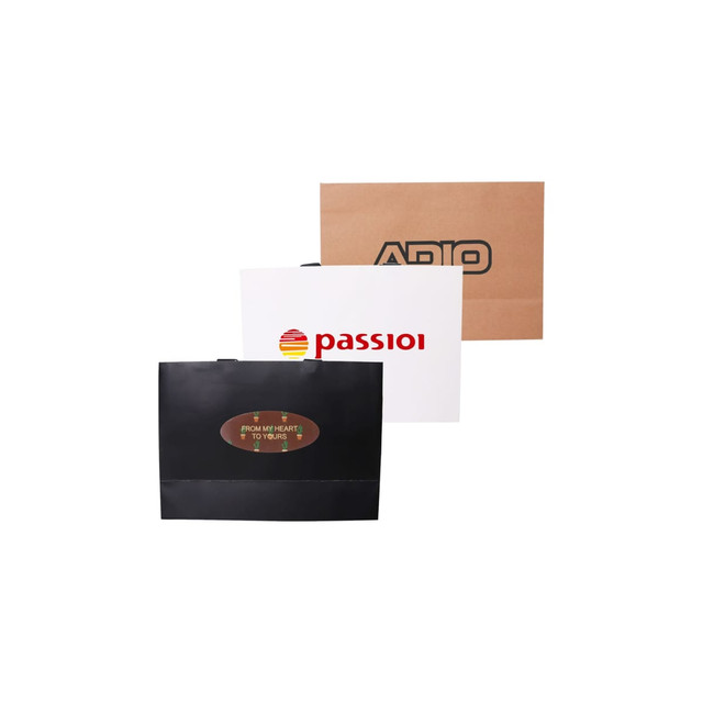 Three small paper bags with flat handles in black, white, and brown, each featuring a logo.