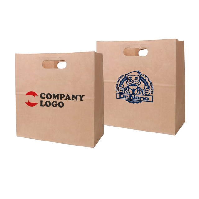 A brown kraft paper bag featuring two distinct designs and handles for easy carrying.