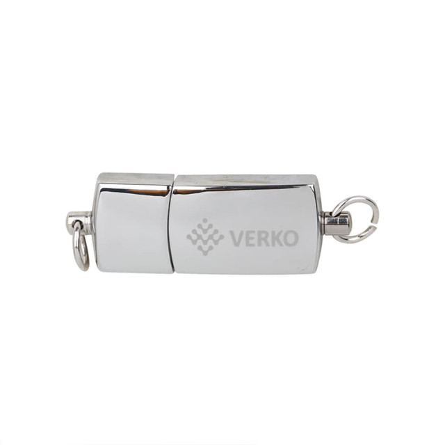 A shiny silver flash drive with a sleek design and a keyring attachment, featuring a logo.
