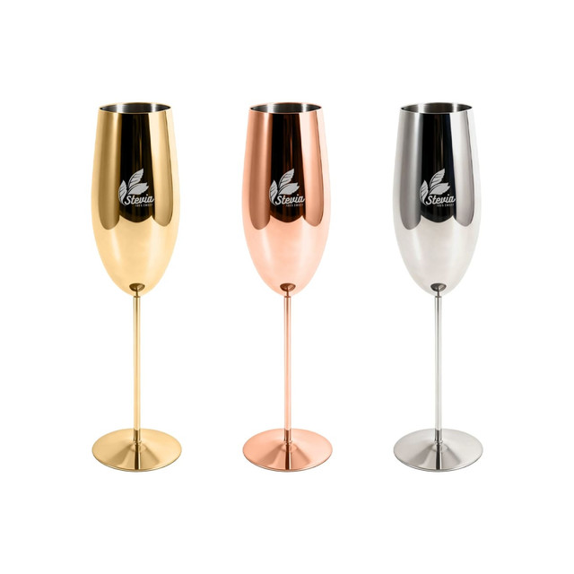 Three stainless steel champagne flutes in gold, rose gold, and silver, each with a logo on the front.