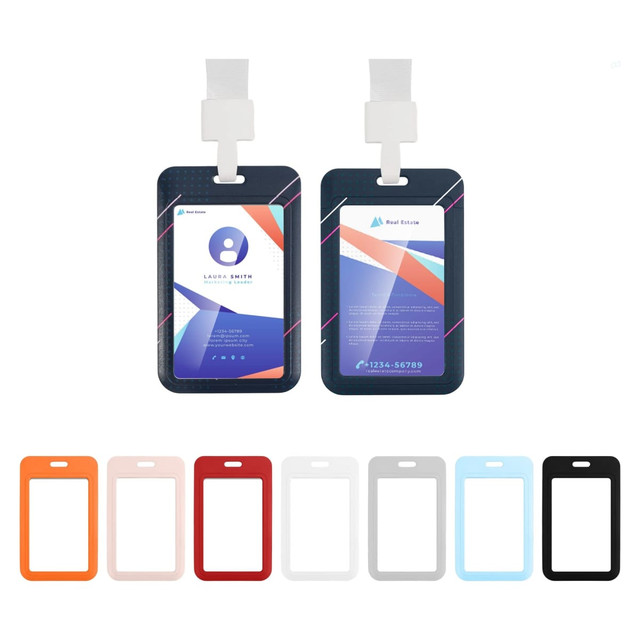 A double-sided ID card holder in various colours, featuring a logo and slots for cards.