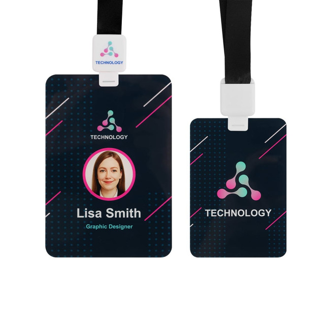 Acrylic name tag in dark colours with a circular photo holder, featuring a black strap and a logo.
