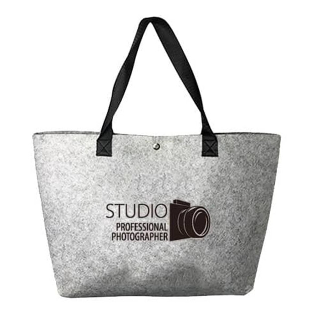 A grey felt shopping bag with black handles and a logo featuring a camera.