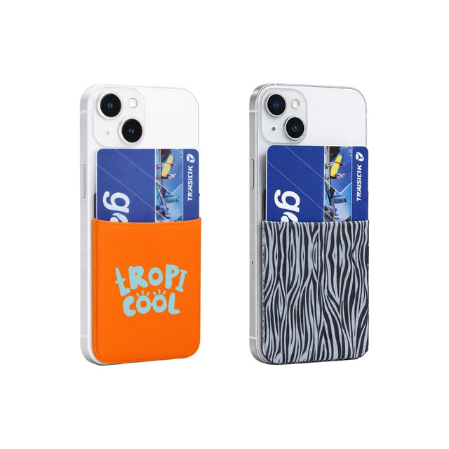 A phone wallet in orange with "TROPI COOL" and a black-and-white zebra print design, both holding cards.