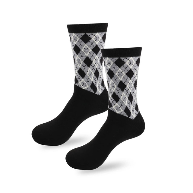 Black and white patterned woven bamboo socks with a towel bottom, featuring a diamond design and a logo.