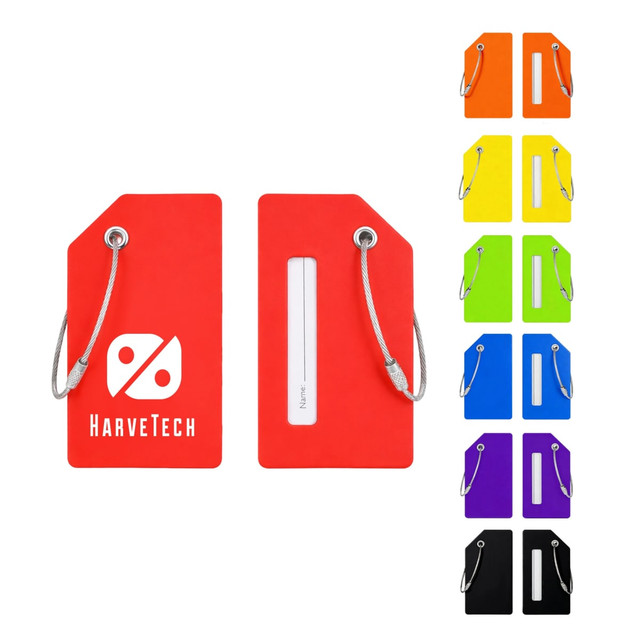 A soft silicone luggage tag in red with a silver metal ring, alongside various coloured tags: purple, green, yellow, orange, and black.