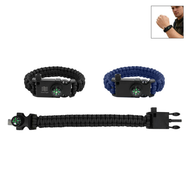 A black and a blue 6 in 1 paracord survival bracelet with a compass feature. Includes a close-up of the bracelet on a wrist.