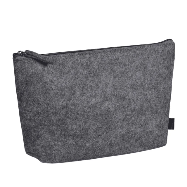 A grey RPET felt mini cosmetic bag with a zip closure and a small logo on the side.