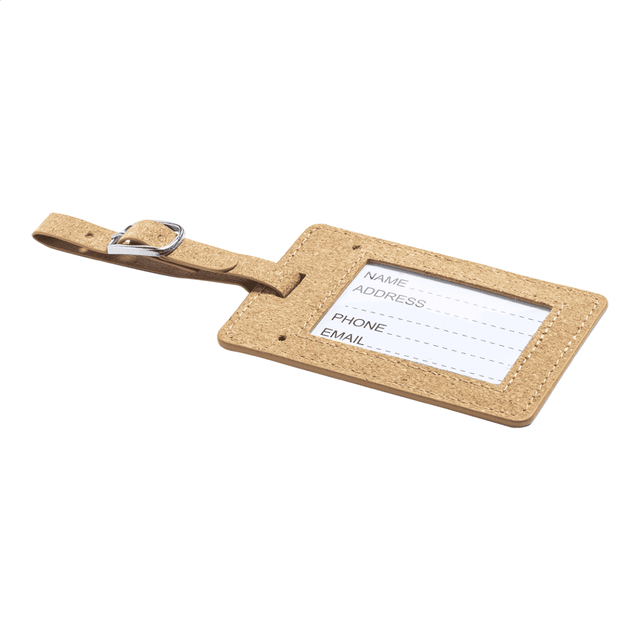 A cork luggage tag in a natural tan colour with a transparent window. It includes a strap and has a logo.