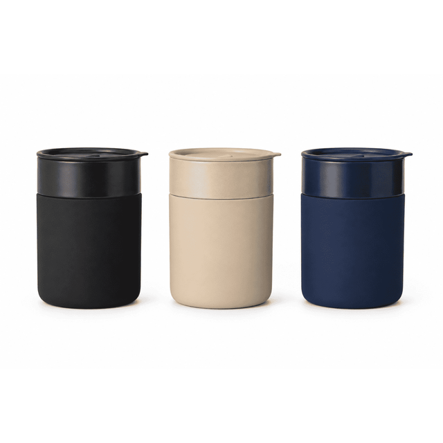 A drinkware set featuring three ceramic coffee cups in black, beige, and navy, each with a lid.