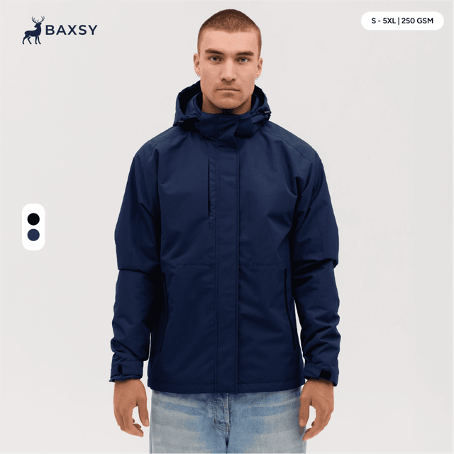 A navy blue utility jacket with a hood, featuring a logo and a front zip.