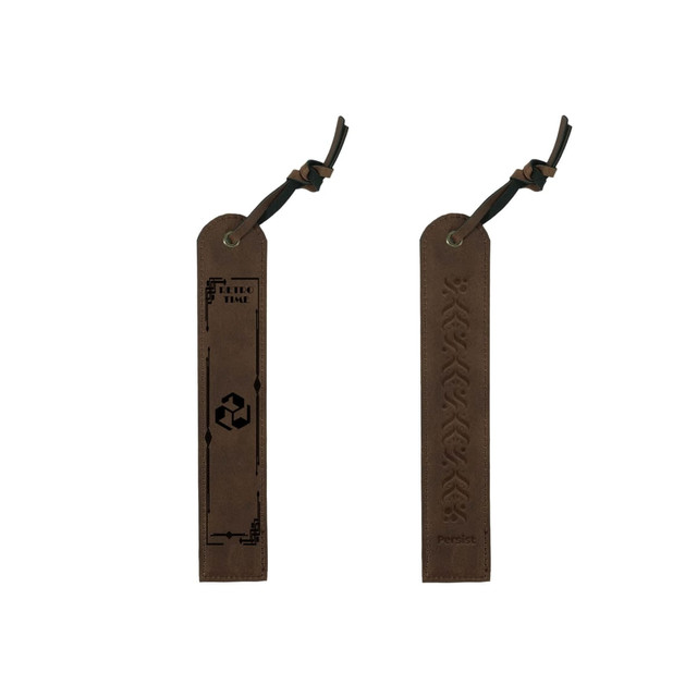 A brown vintage-style bookmark with intricate designs and a leather tie for secure attachment. It features a logo.
