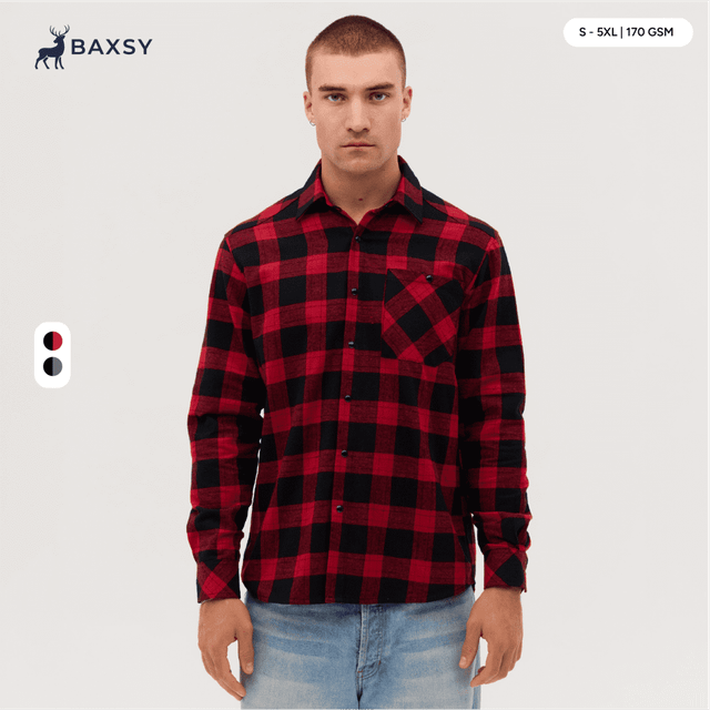A long sleeve flannel shirt in red and black check pattern, featuring a pocket and a logo.