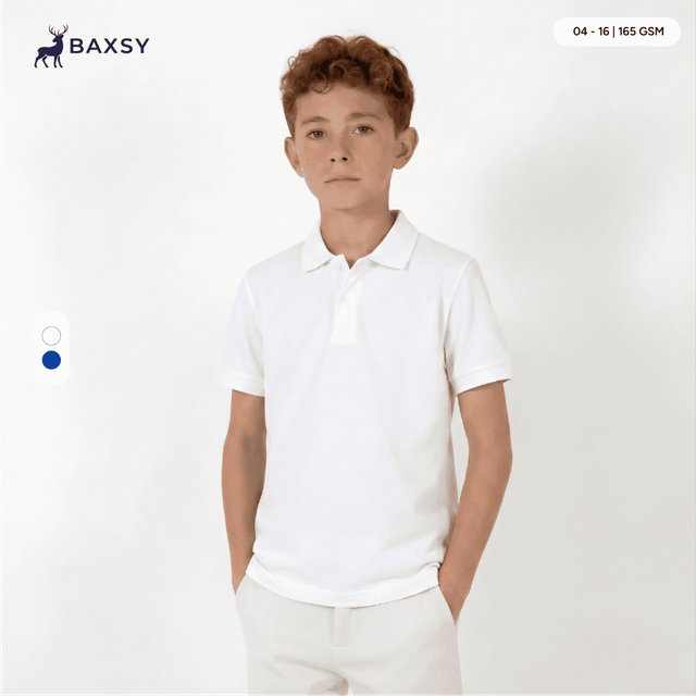A youth white polo shirt featuring a collar and short sleeves, with a logo on the upper left side.