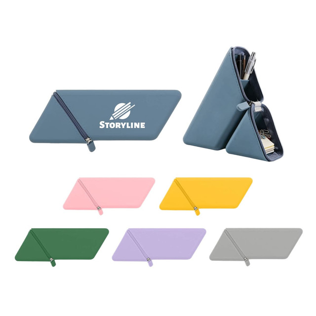 A silicone pen holder in various colours, featuring a logo, designed to hold writing instruments and office supplies.